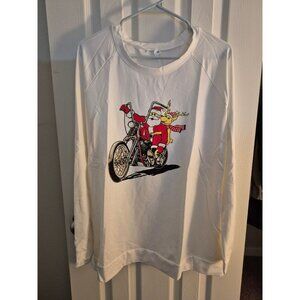 Santa & Reindeer On Motorcycle Christmas Long Sleeve Shirt White L